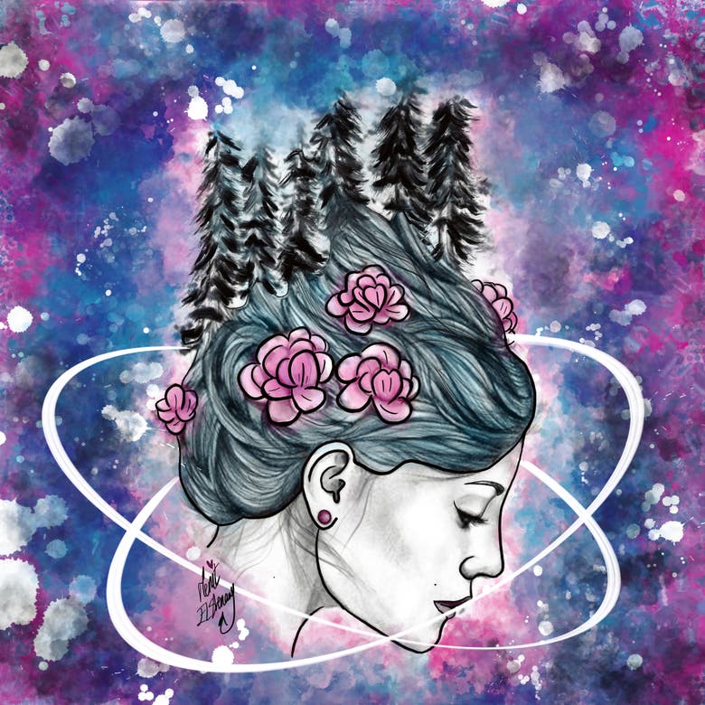 Merit's signed digital illustration of a woman with a forest and flowers in her hair against a colorful galaxy