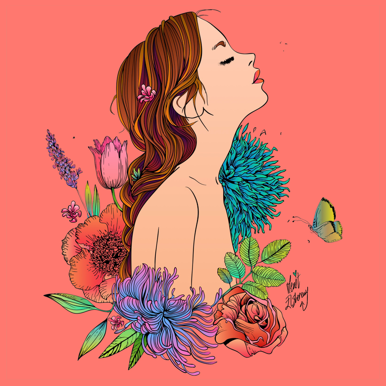 Merit's colorful digital portrait with flowers and a butterfly on a coral background