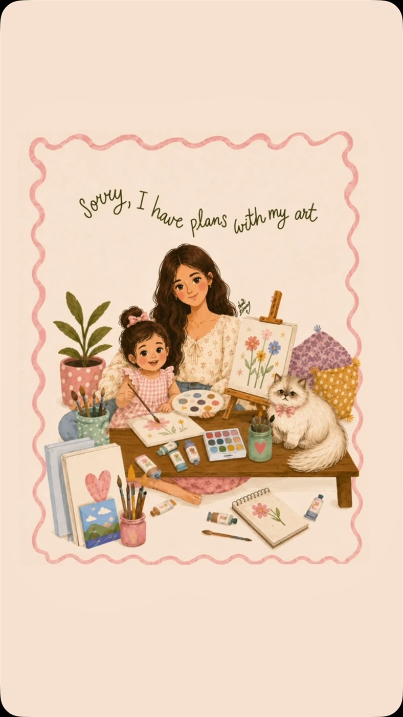 Warm digital illustration of a mother and daughter painting beside their cat